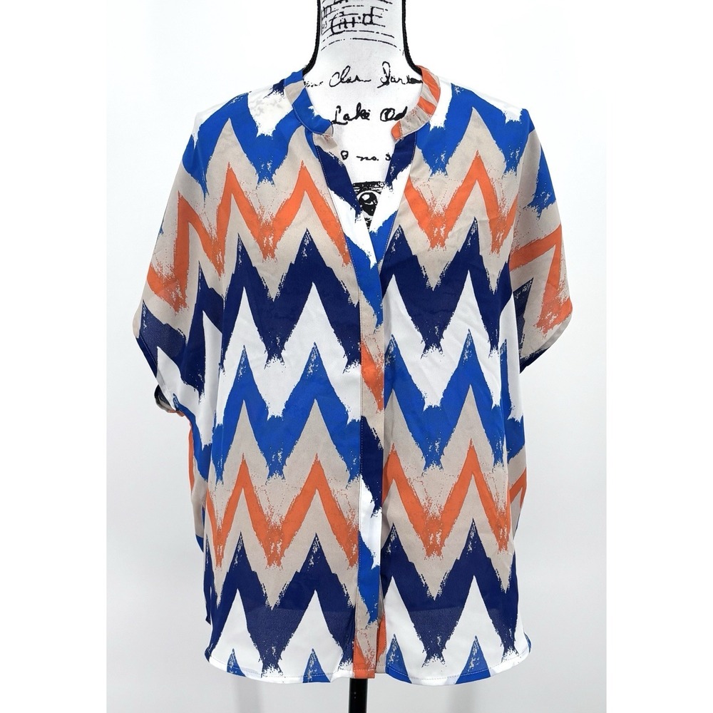 Harve Bernard Blouse XL Blue Orange Chevron Print Split Neck Dolman Sleeve NWT